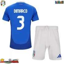Camisa de Futebol Itália Federico Dimarco #3 Equipamento Principal Infantil Europeu 2024 Manga Curta (+ Calças curtas)